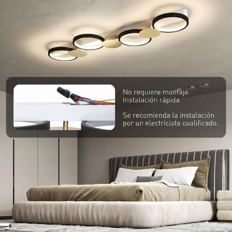 HOMCOM Lámpara de Techo Regulable con 4 Focos Mando a Distancia Modos de Escena 1500 lm 38 W 3000 K-6500 K Negro y Dorado