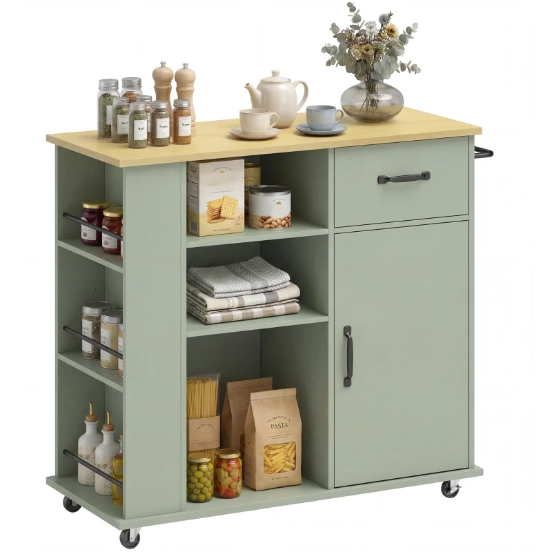 HOMCOM Desserte de cuisine à roulettes, îlot central cuisine avec tiroir, porte, compartiments ouverts et porte-épices, vert