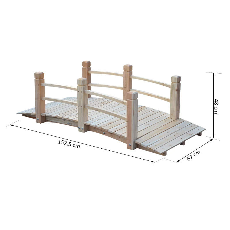 Outsunny Ponte de jardim Ponte de madeira Passadiço Ponte para lago Ponte decorativa com guarda-corpo até 180 kg Madeira de pinho Natural 152,5 x 67 x 48 cm