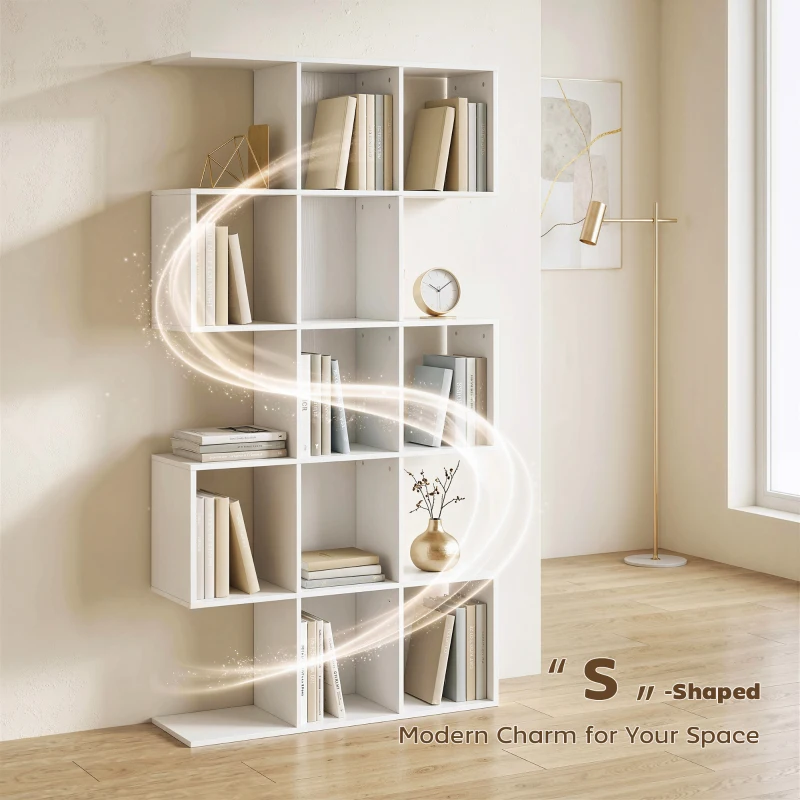 HOMCOM 5-Tier Bookshelf, S Shaped Geometric Bookcase with 15 Compartments, White Wood Effect