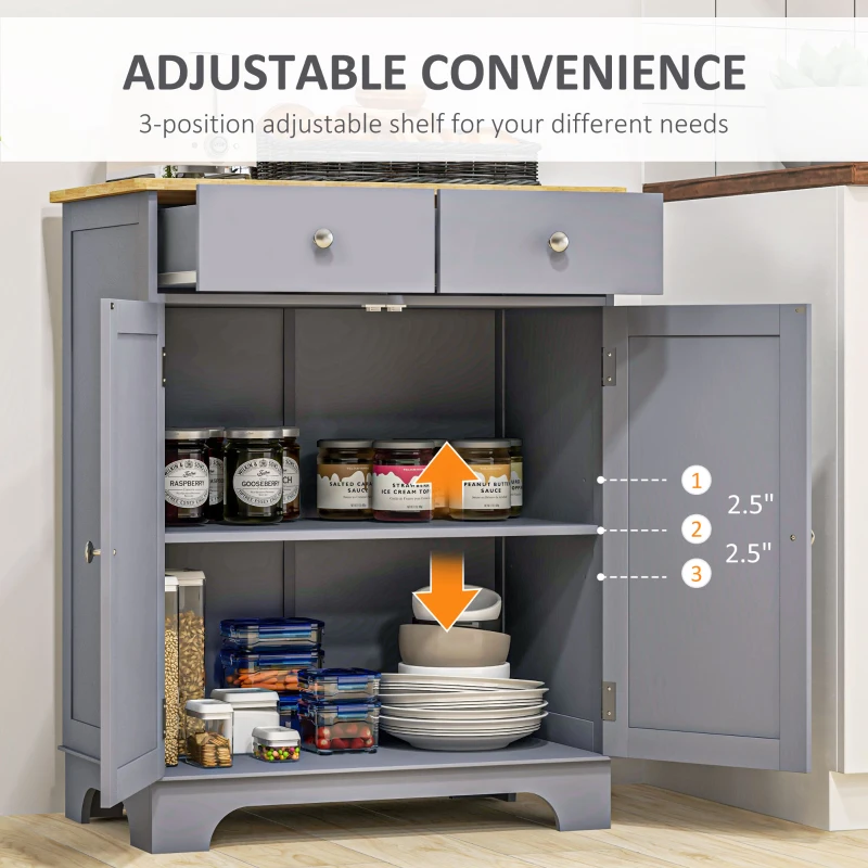 HOMCOM Side Storage Multi-use Sideboard Table Kitchen Floor Cabinet with Solid Wood Top, Adjustable Shelf, Drawer, Grey