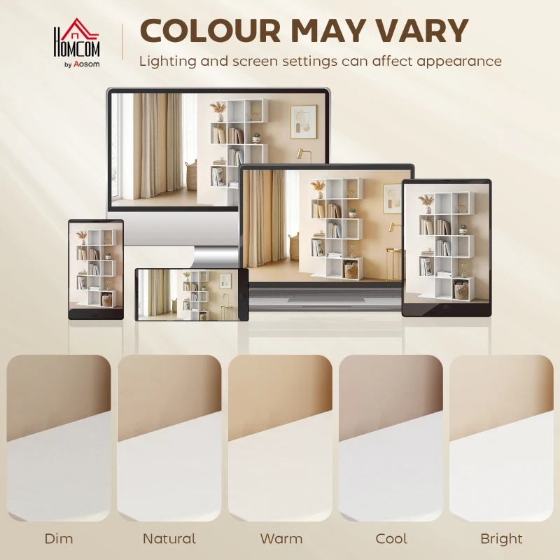 HOMCOM 5-Tier Bookshelf, S Shaped Geometric Bookcase with 15 Compartments, White Wood Effect