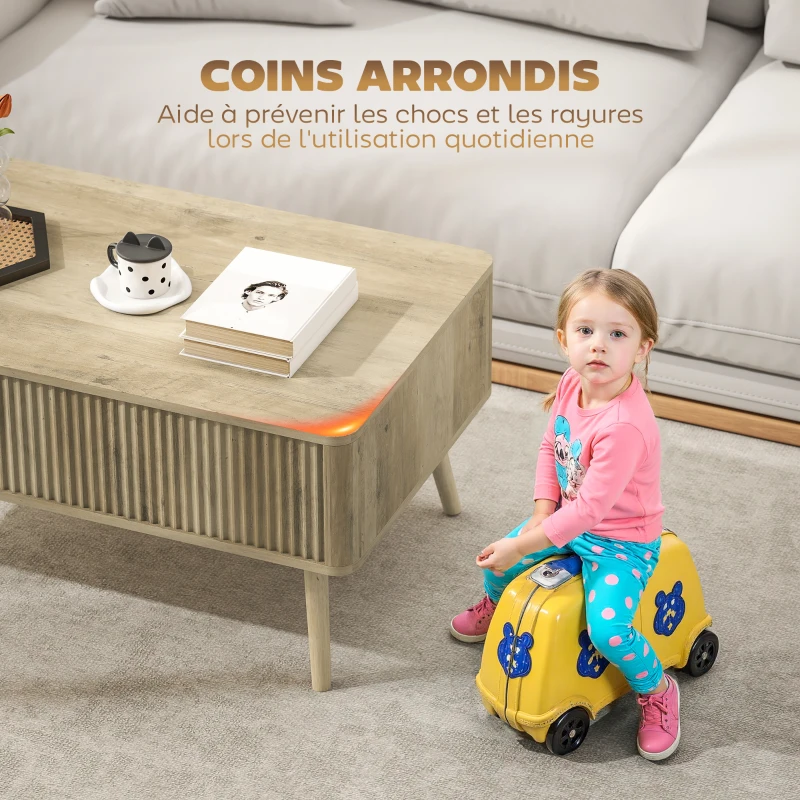 HOMCOM Table basse relevable, table de salon avec 2 compartiments cachés et pieds en pin, 91 x 56 x 43 cm, chêne