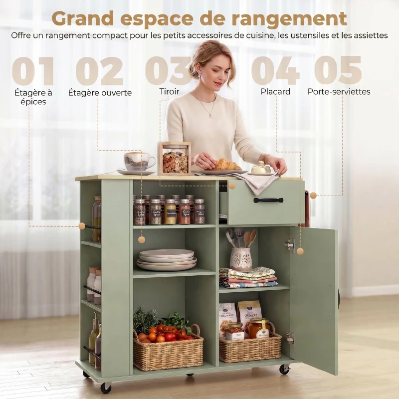 HOMCOM Desserte de cuisine à roulettes, îlot central cuisine avec tiroir, porte, compartiments ouverts et porte-épices, vert