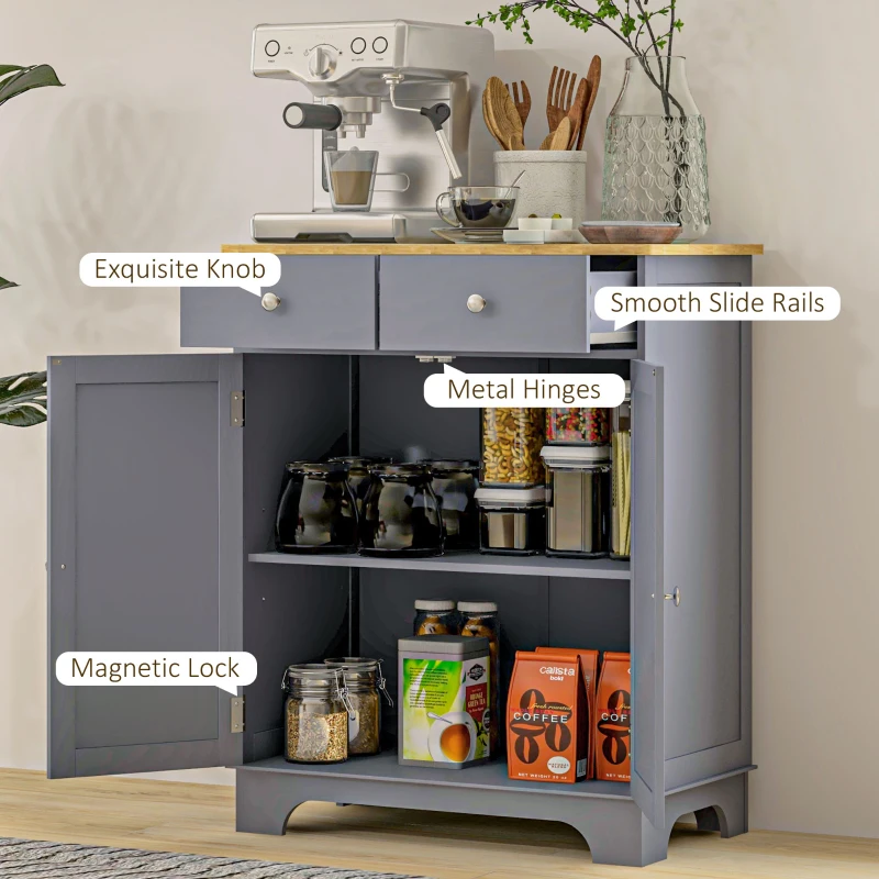 HOMCOM Side Storage Multi-use Sideboard Table Kitchen Floor Cabinet with Solid Wood Top, Adjustable Shelf, Drawer, Grey
