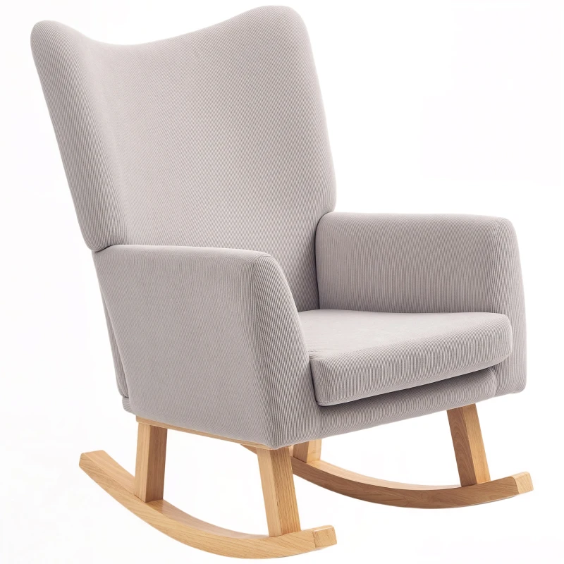 HOMCOM Poltrona de balanço em design retro, revestimento cotelê, madeira de seringueira, enchimento em espuma, encosto alto, poltrona estofada, Cinzento claro