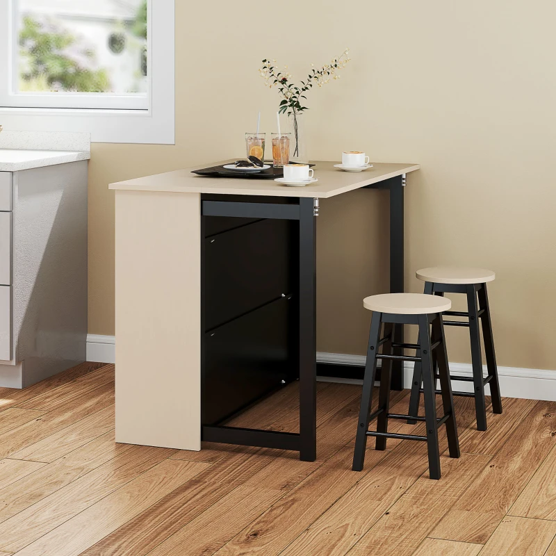HOMCOM Conjunto de bar 3 peças, mesa de bar com tampo dobrável, 2 bancos, 6 compartimentos de arrumação, preto+carvalho, 116 x 70 x 89,5 cm