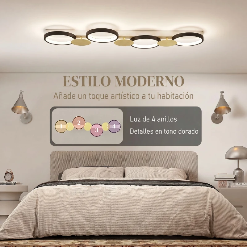 HOMCOM Lámpara de Techo Regulable con 4 Focos Mando a Distancia Modos de Escena 1500 lm 38 W 3000 K-6500 K Negro y Dorado