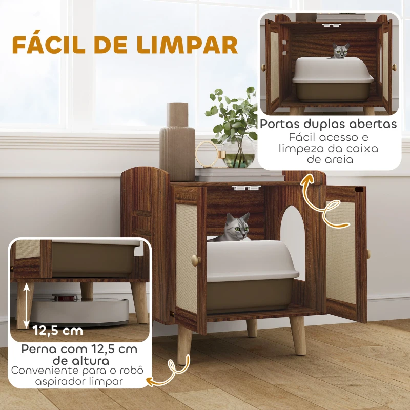 PawHut Móvel Caixa de Areia para Gatos com Tapetes de Sisal Pés de Madeira 55x43x59,6 cm Castanho Rústico