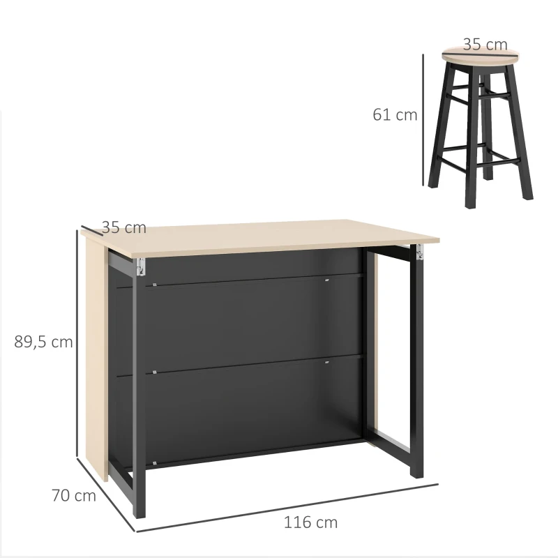 HOMCOM Conjunto de bar 3 peças, mesa de bar com tampo dobrável, 2 bancos, 6 compartimentos de arrumação, preto+carvalho, 116 x 70 x 89,5 cm