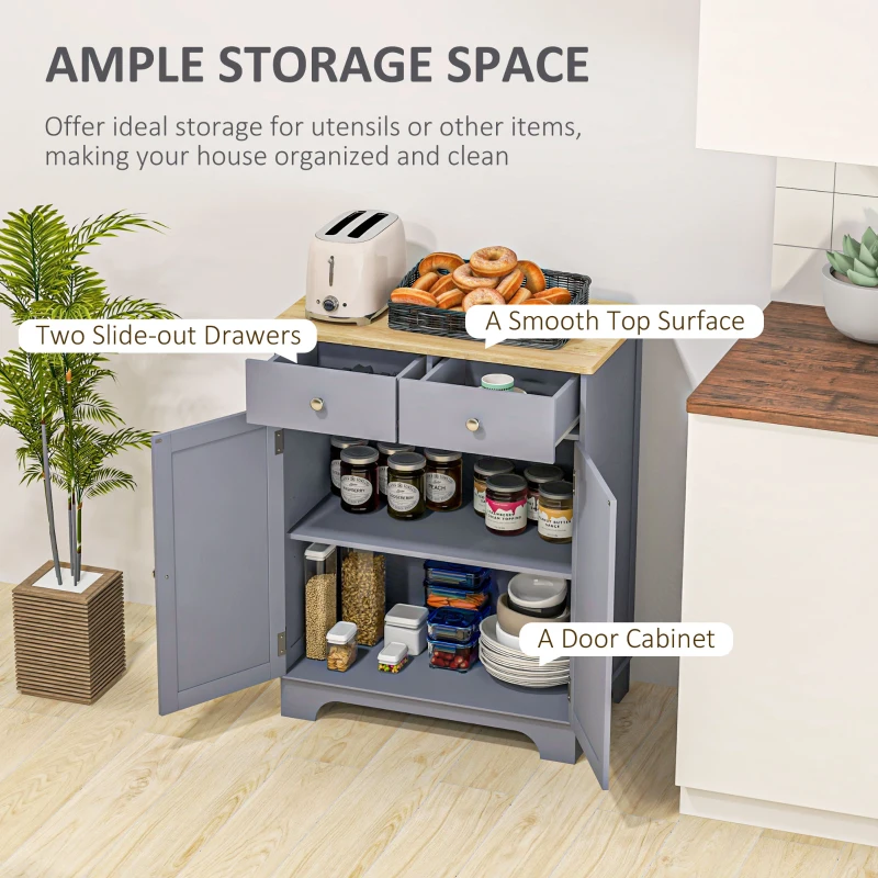 HOMCOM Side Storage Multi-use Sideboard Table Kitchen Floor Cabinet with Solid Wood Top, Adjustable Shelf, Drawer, Grey