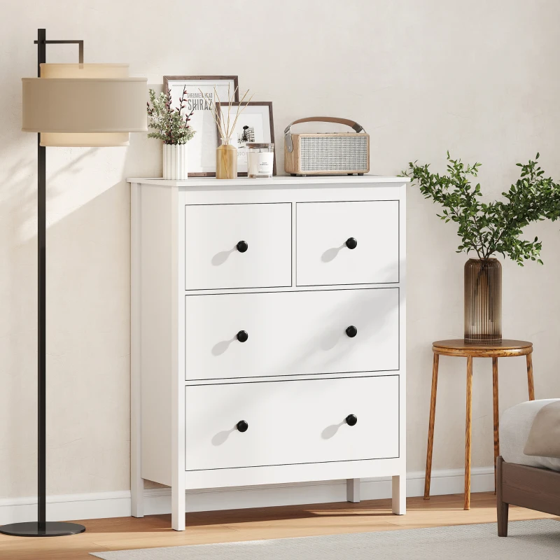HOMCOM Cômoda com 4 gavetas, para roupas e roupa de cama, sala de estar, quarto, corredor, painel de partículas, branco