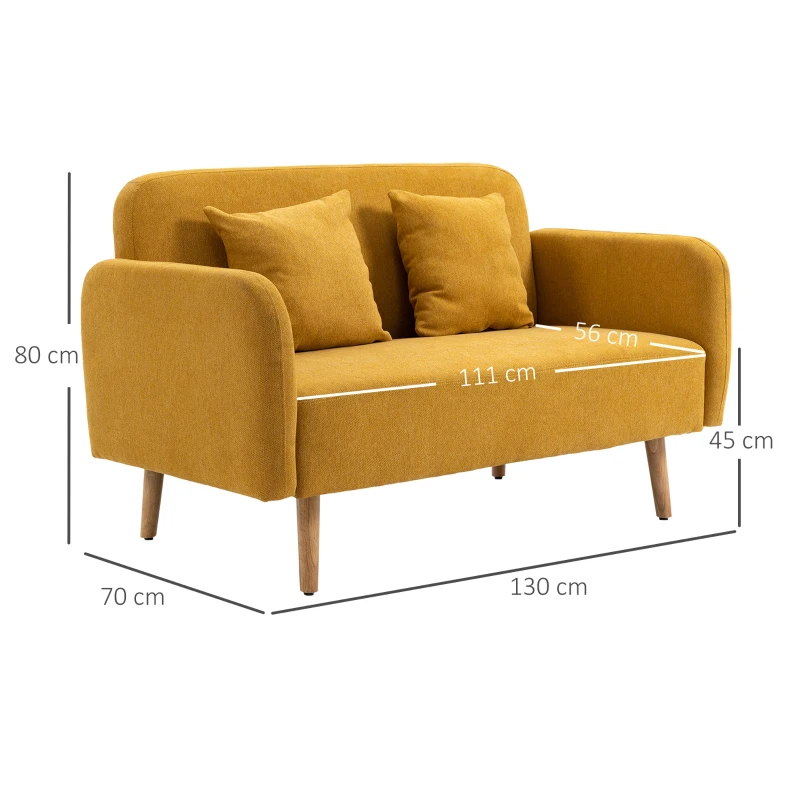 HOMCOM Sofá 2 lugares com 2 almofadas decorativas, Loveseat pequeno com acabamento em veludo, Sofá estofado moderno para sala de estar, quarto, espaços pequenos, Amarelo 130 x 70 x 80 cm