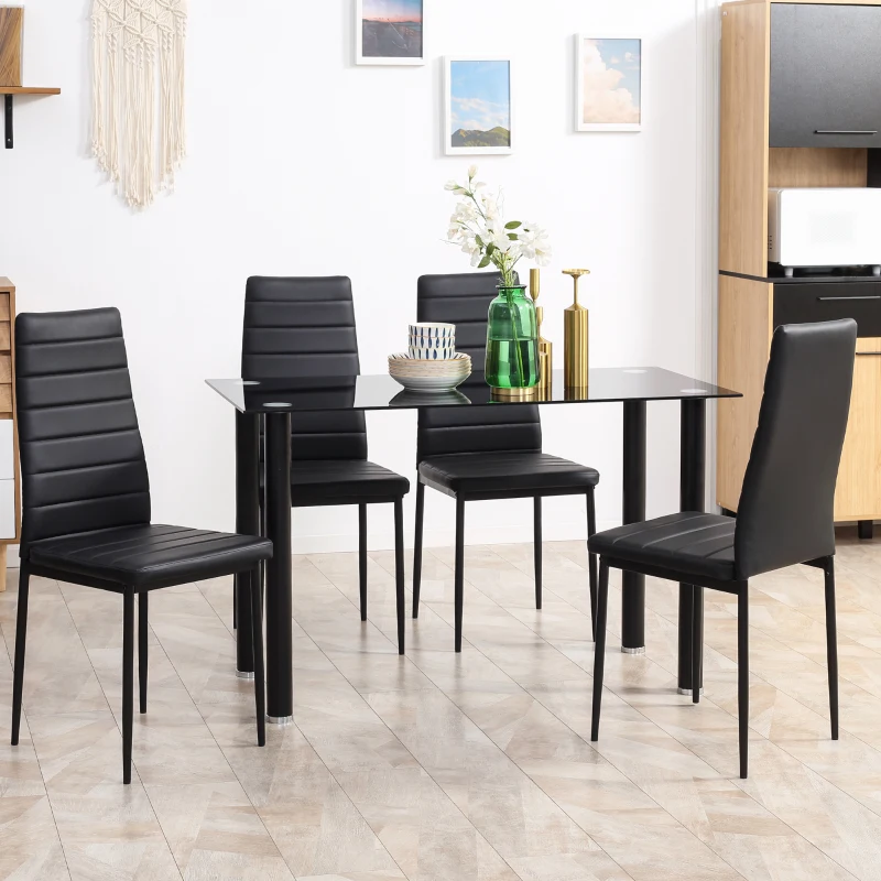 HOMCOM Conjunto de jantar 5 peças Mesa com 4 cadeiras, design moderno, mesa de vidro, Preto