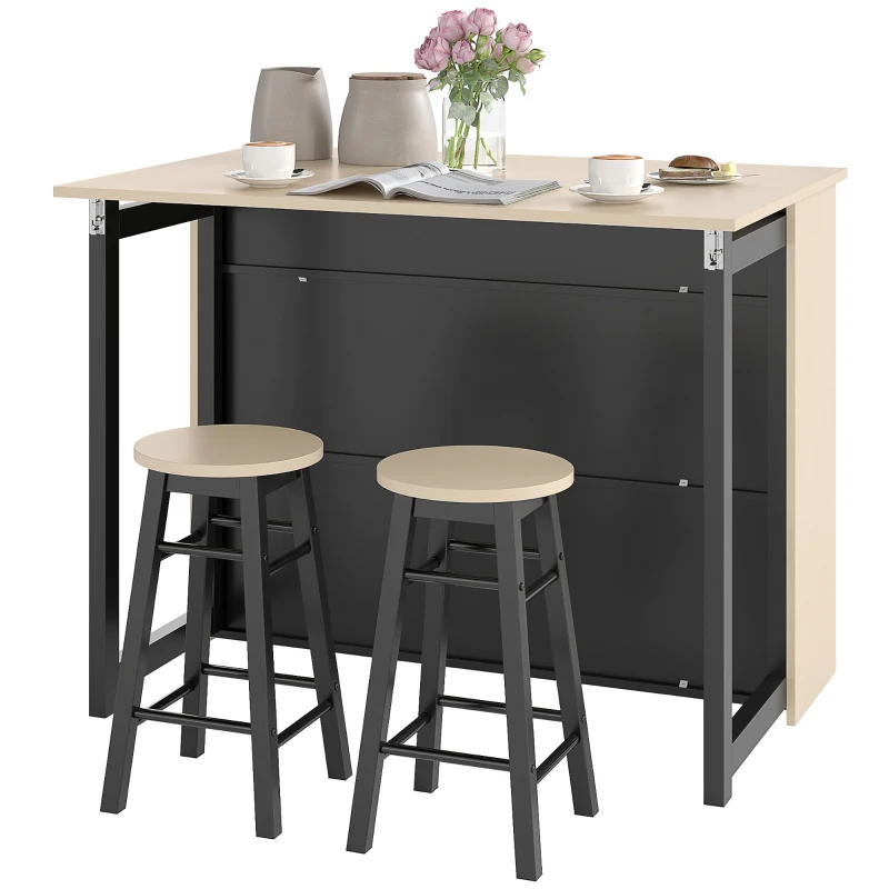 HOMCOM Conjunto de bar 3 peças, mesa de bar com tampo dobrável, 2 bancos, 6 compartimentos de arrumação, preto+carvalho, 116 x 70 x 89,5 cm