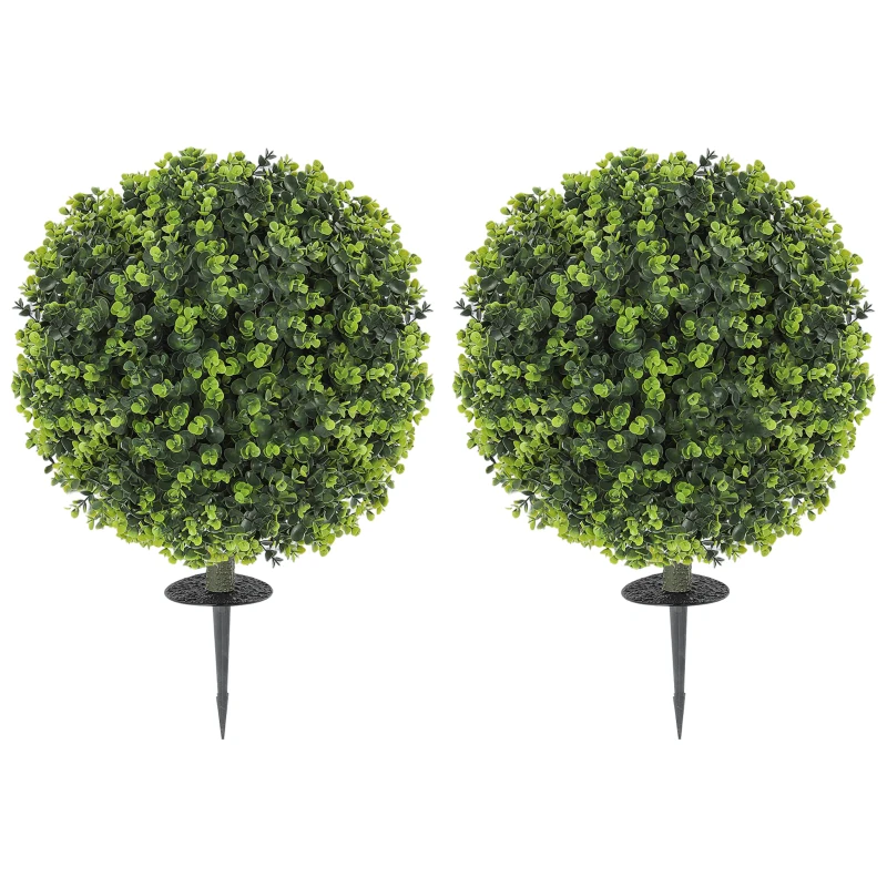 HOMCOM Conjunto de 2 Plantas Artificiais Esferas de Buxo Artificiais com Estaca de Solo para Interior e Exterior Resistentes aos UV Verde