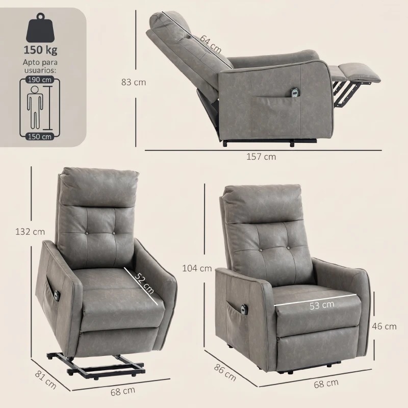 HOMCOM Sillón Relax Reclinable Eléctrico Levanta Personas de Cuero PU Control Remoto Asiento con Resorte Reposapiés Gris