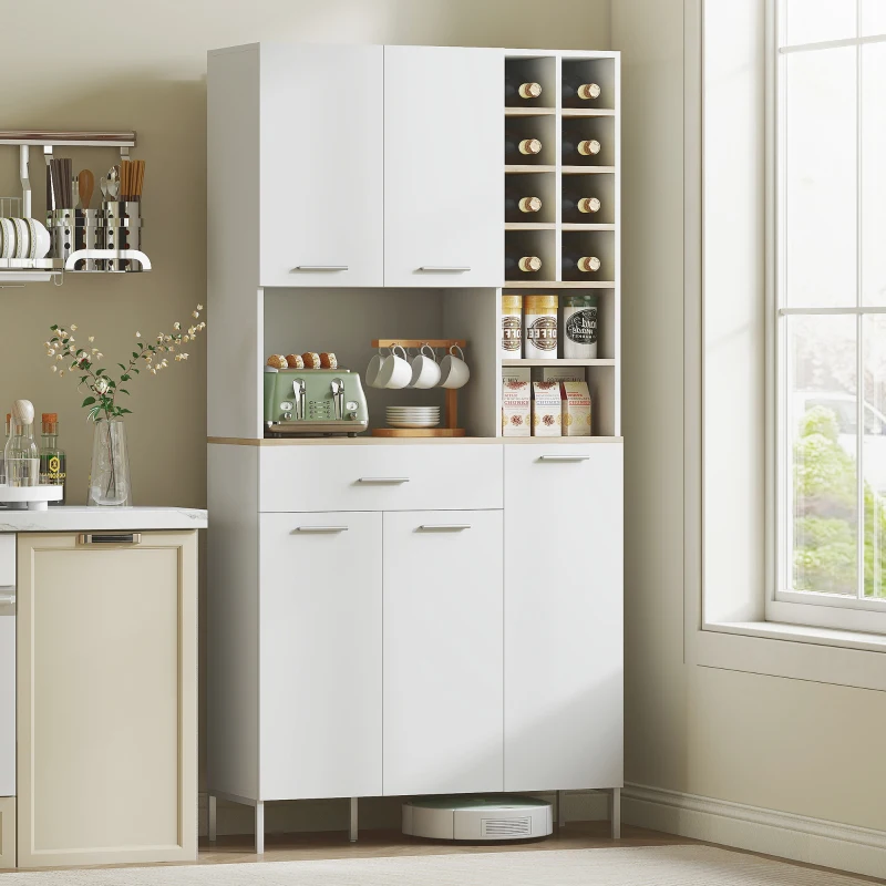 HOMCOM Armário de cozinha com prateleiras abertas, compartimentos, suporte para vinhos, despensa com 5 portas, MDF, Branco