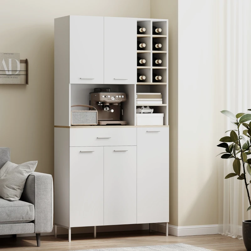 HOMCOM Armário de cozinha com prateleiras abertas, compartimentos, suporte para vinhos, despensa com 5 portas, MDF, Branco