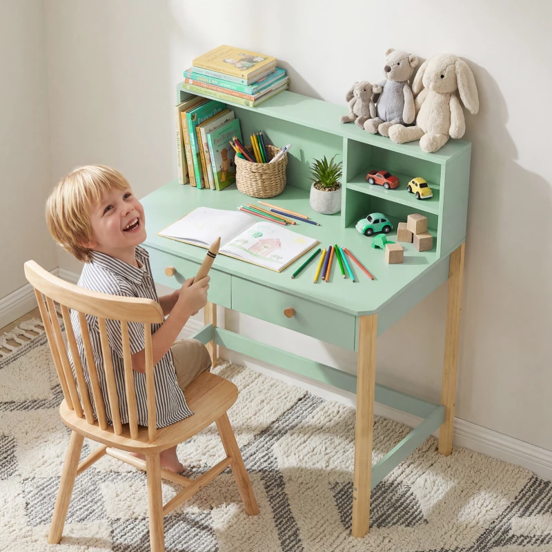 AIYAPLAY Escritorio Infantil Mesa de Escritorio para Niños con 3 Compartimentos Abiertos y 2 Cajones 90x52x105 cm Verde