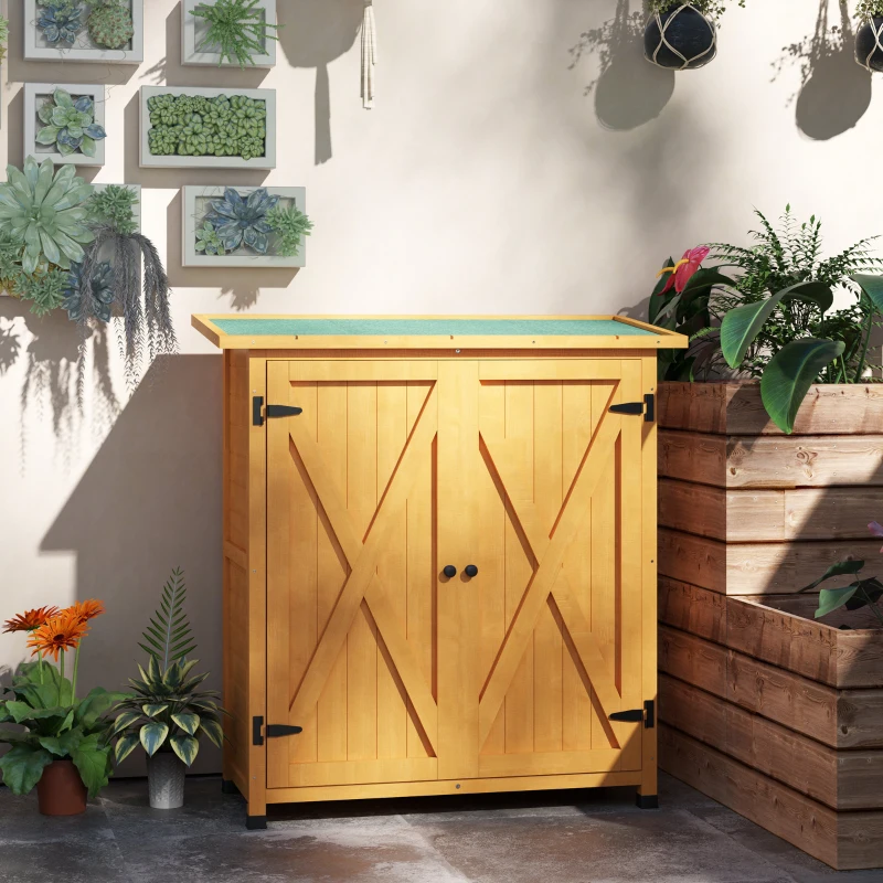 Outsunny Armário de jardim, Casinha de ferramentas em madeira, Armário resistente às intempéries com 2 portas e telhado de betume 110 x 55 x 117 cm, Amarelo