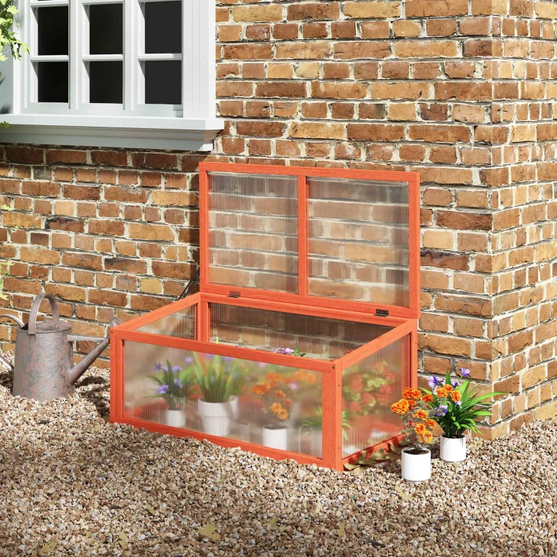 Outsunny Cama fria em madeira e policarbonato Estufa 90 x 46 x 40 cm Caixa de cultivo resistente às intempéries para jardim Laranja