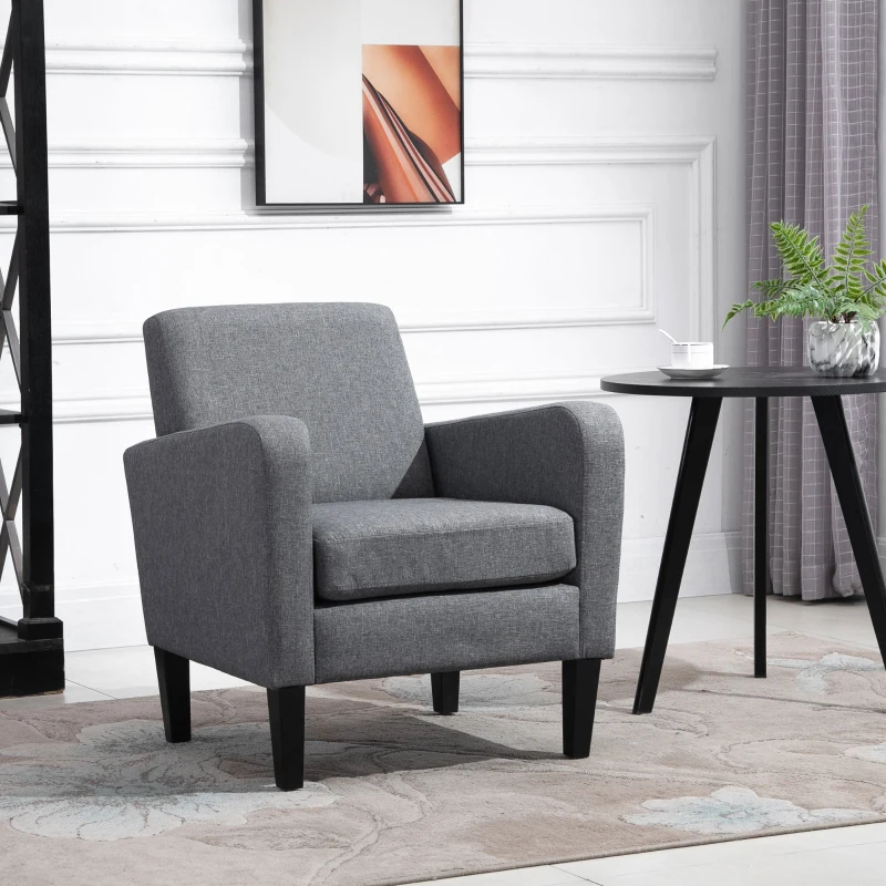 HOMCOM Poltrona individual, Poltrona relax, Poltrona estofada com pés de madeira, Tecido com visual de linho, 66 x 72 x 74 cm, Cinza claro