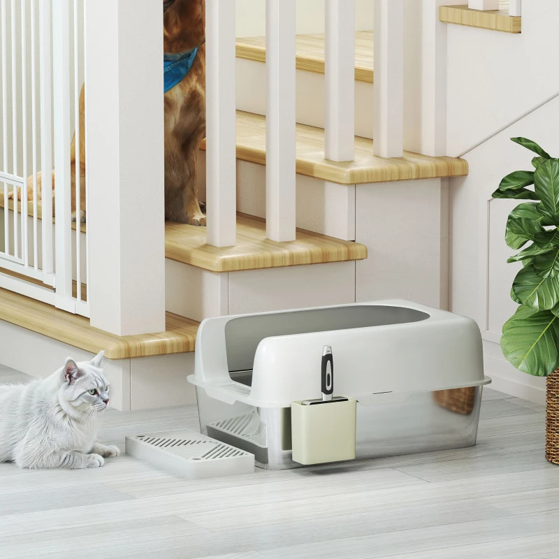 PawHut Bac à litière pour chat en acier inoxydable facile à nettoyer avec bords hauts anti-fuite d'urine, pelle inclus, gris