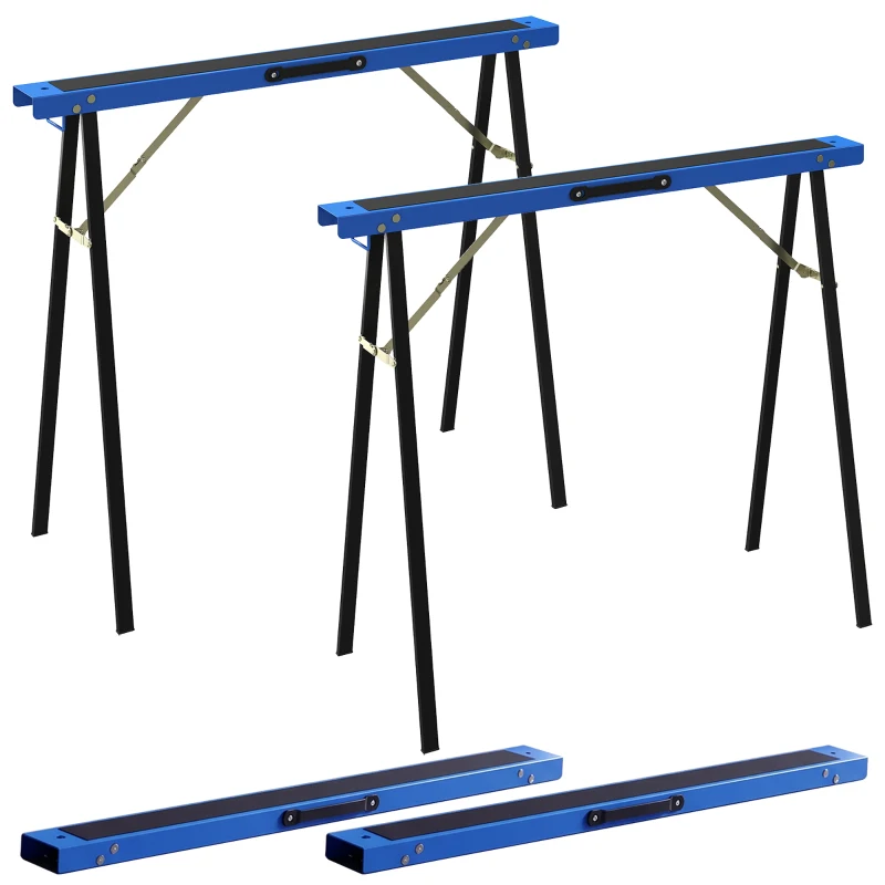 HOMCOM Set aus 2 robusten, klappbaren Sägeböcken aus Metall für Schreinerarbeiten und DIY-Projekte, Blau und Schwarz