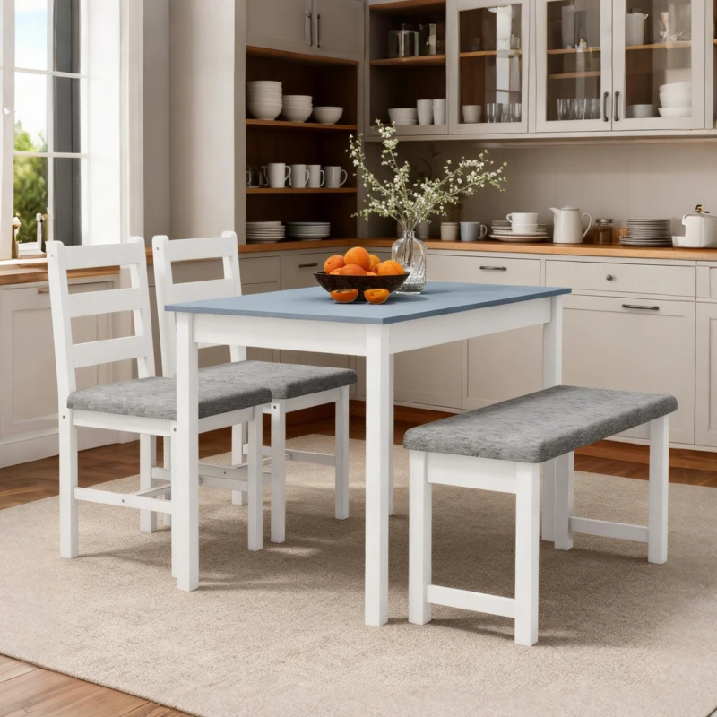 HOMCOM Conjunto de assentos, Conjunto de mesa de jantar 4 peças, 1 mesa, 1 banco, 2 cadeiras, Cinza + Branco