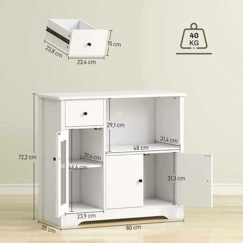 HOMCOM Armário de cozinha com orifício para cabos, cômoda com 2 armários, compartimento aberto, gaveta, 80 x 35 x 72,2 cm, painel de partículas, branco