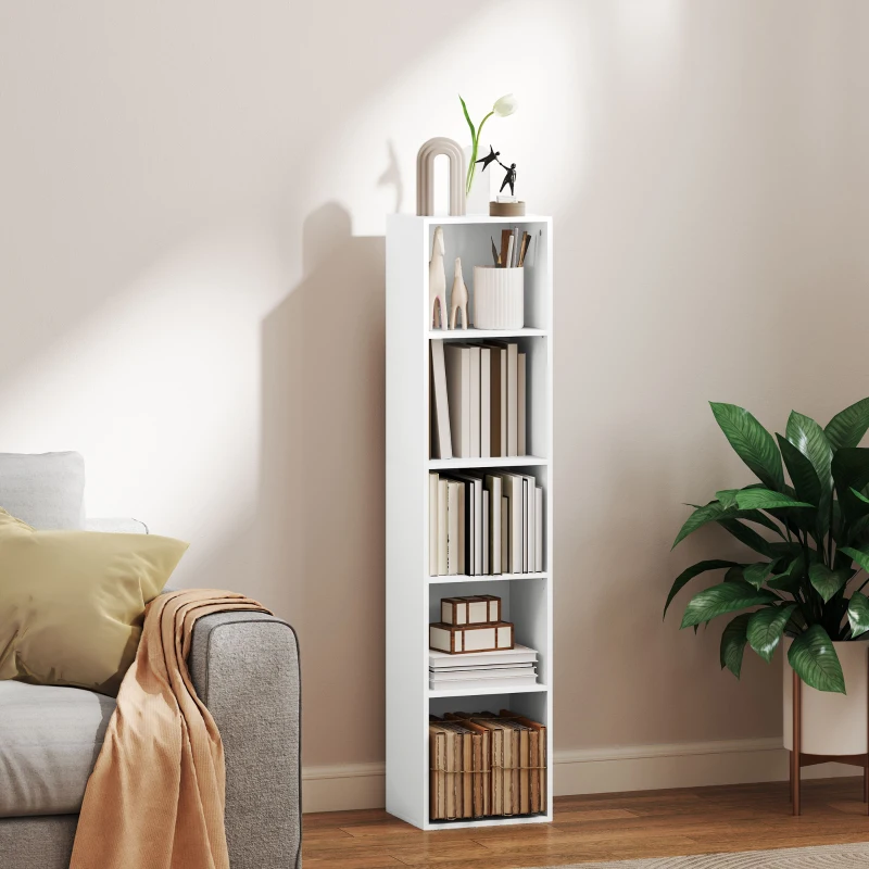 HOMCOM Estante de livros, 5 nichos, prateleiras ajustáveis, madeira, 30 x 24 x 133,5 cm, Branco