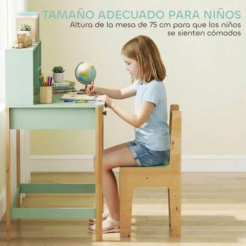 AIYAPLAY Escritorio Infantil Mesa de Escritorio para Niños con 3 Compartimentos Abiertos y 2 Cajones 90x52x105 cm Verde