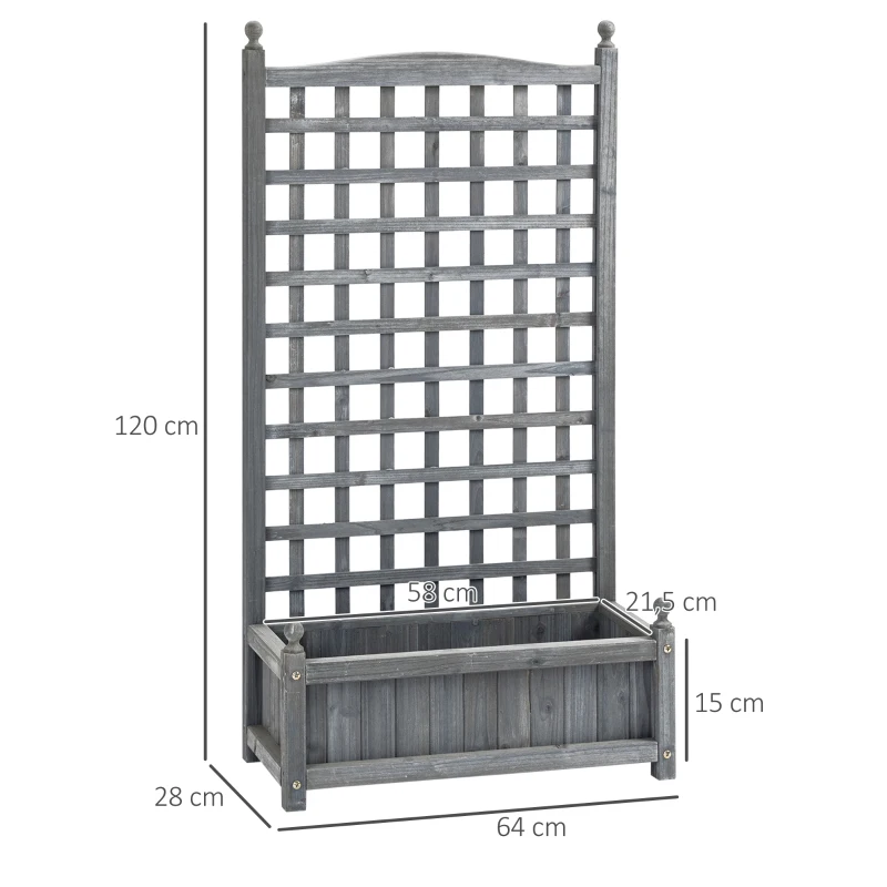 Outsunny Canteiro elevado Caixa de plantas com treliça Vaso de flores Caixa treliçada Arco para rosas com suporte para plantas trepadeiras Jardim Madeira Cinza 64 x 28 x 120 cm