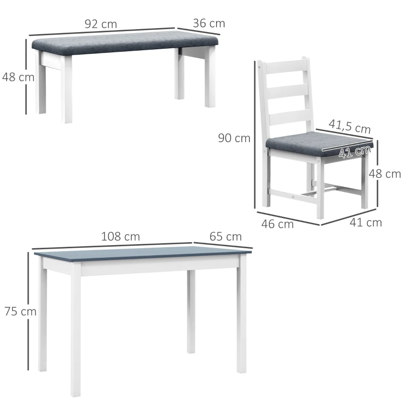 HOMCOM Conjunto de assentos, Conjunto de mesa de jantar 4 peças, 1 mesa, 1 banco, 2 cadeiras, Cinza + Branco