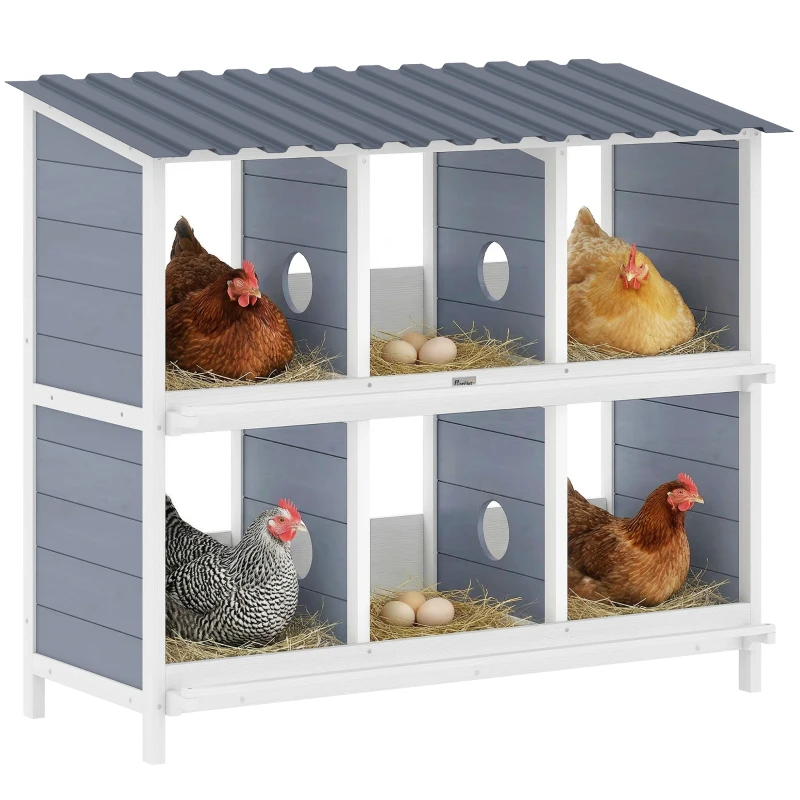 PawHut Legenest für Hühner, erhöhtes Hühnernest aus Holz mit 6 Fächer, 2 Sitzstangen für Kleintierstall 102 x 50 x 91 cm, Grau