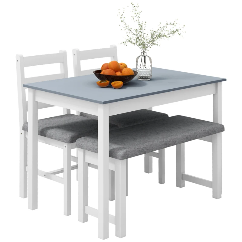 HOMCOM Conjunto de assentos, Conjunto de mesa de jantar 4 peças, 1 mesa, 1 banco, 2 cadeiras, Cinza + Branco