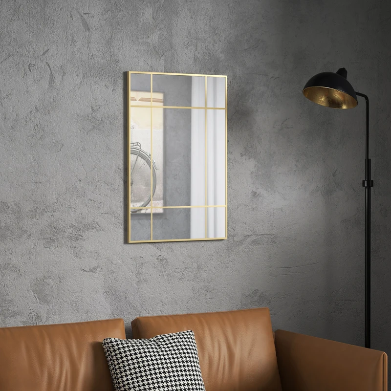 HOMCOM Miroir mural verrière rectangulaire style fenêtre, horizontal ou vertical avec 4 crochets, en métal doré - 90x60 cm