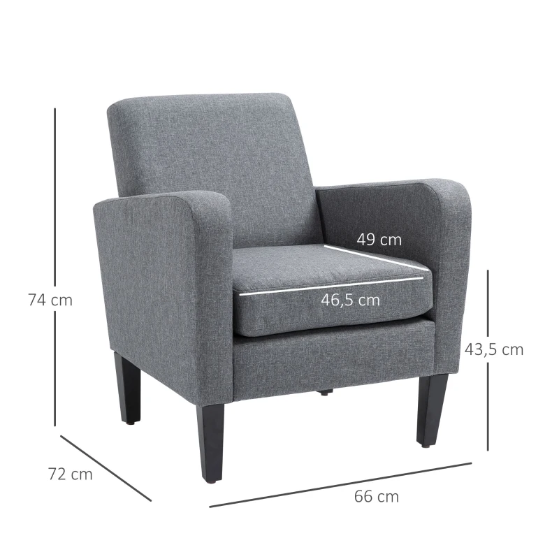 HOMCOM Poltrona individual, Poltrona relax, Poltrona estofada com pés de madeira, Tecido com visual de linho, 66 x 72 x 74 cm, Cinza claro