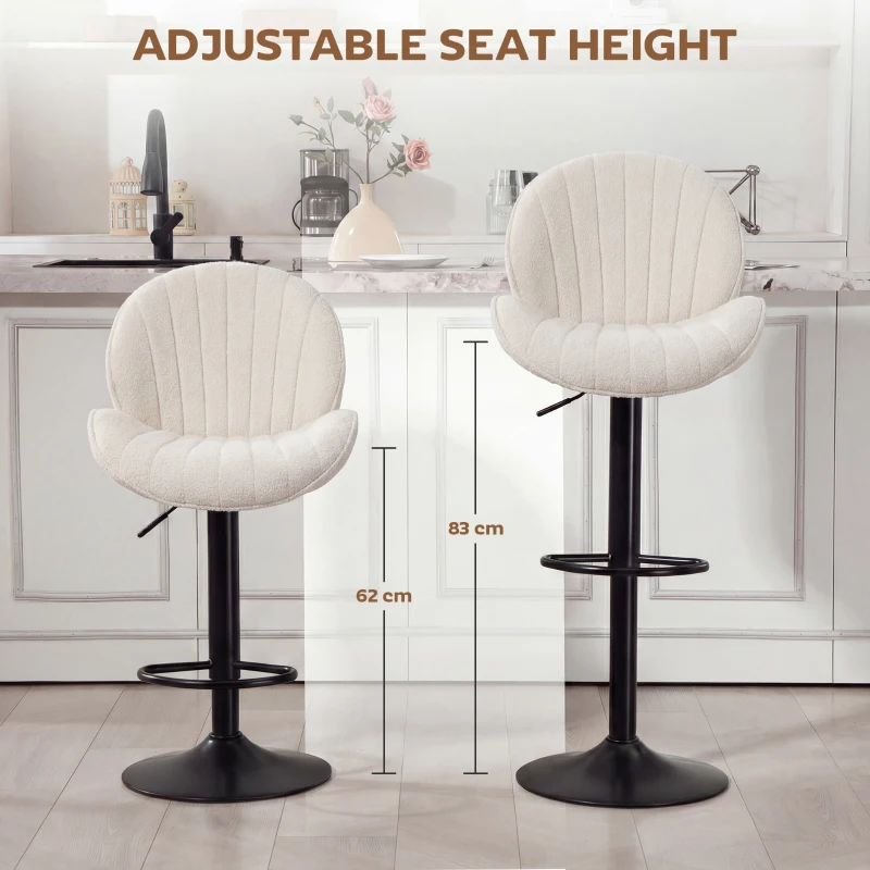 HOMCOM Bar Stools Set of 2, Swivel Barstools with Back, Adjustable Height and Footrest for Kitchen Island, Dining Room, Cream