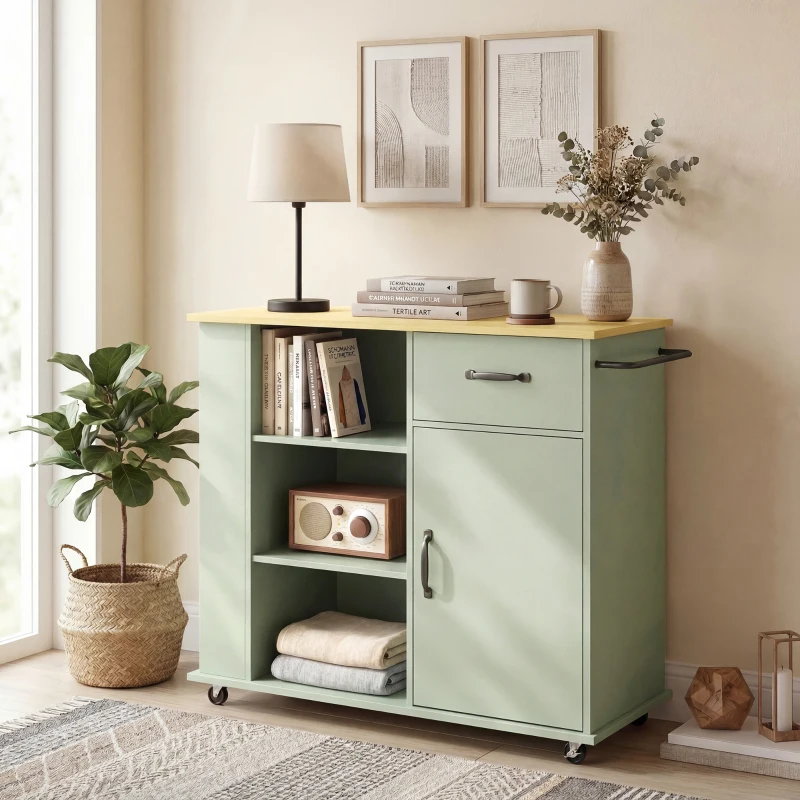 HOMCOM Desserte de cuisine à roulettes, îlot central cuisine avec tiroir, porte, compartiments ouverts et porte-épices, vert