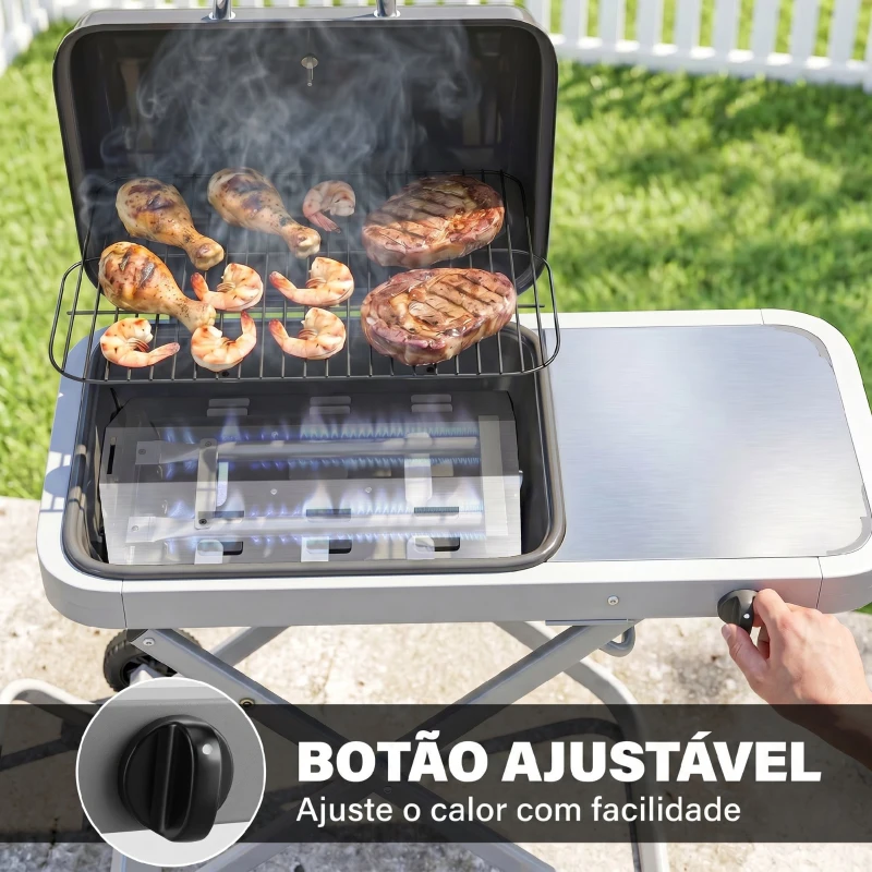 Outsunny Grelhador a Gás Dobrável com Queimador 2,5 kW Tampa Termómetro Mesa Lateral e 2 Rodas Grelha Coletor de Gordura Preto