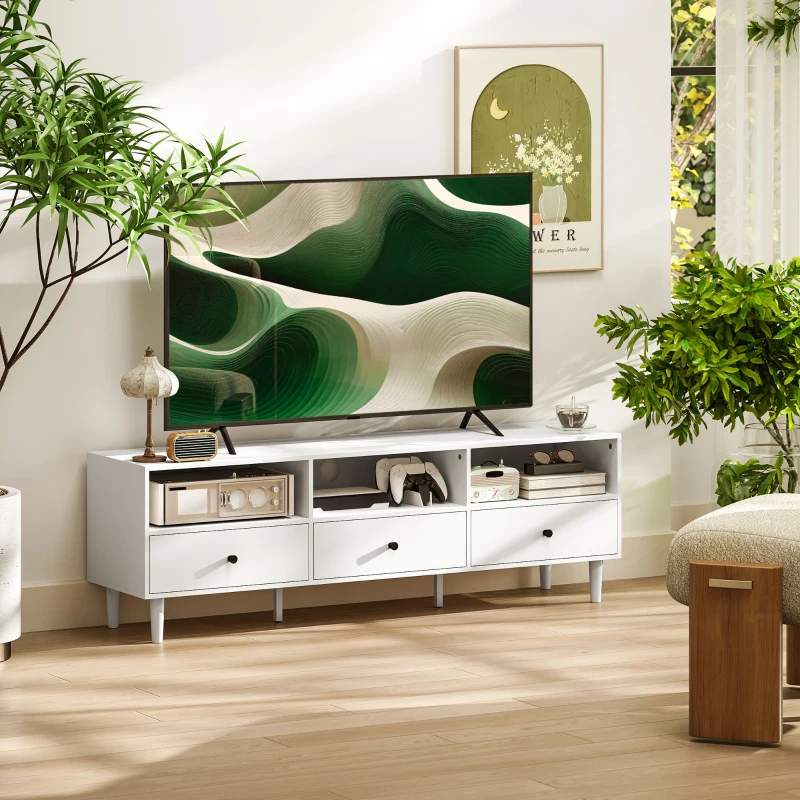 HOMCOM Cômoda para TV, suporte para ecrãs de 190,5 cm, 3 nichos abertos, 3 gavetas, painel de partículas, Branco