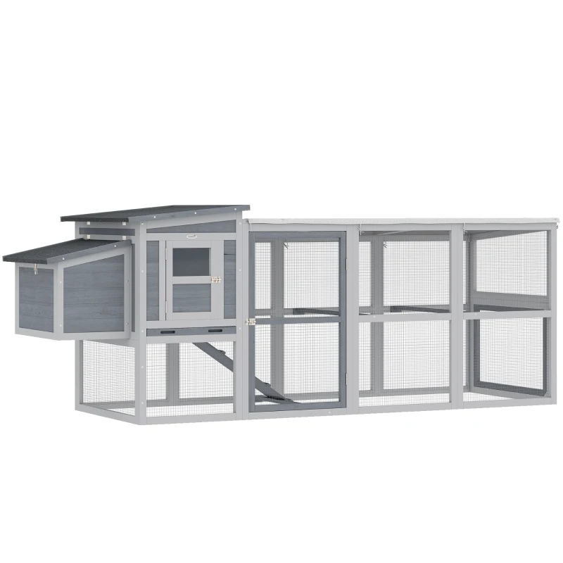 PawHut Hühnerstall Hühnerhaus für 3-4 Hühner mit Auslauf Nistkasten Asphaltdach Oxford-Abdeckung Auszugsschublade 264x82x89cm Grau