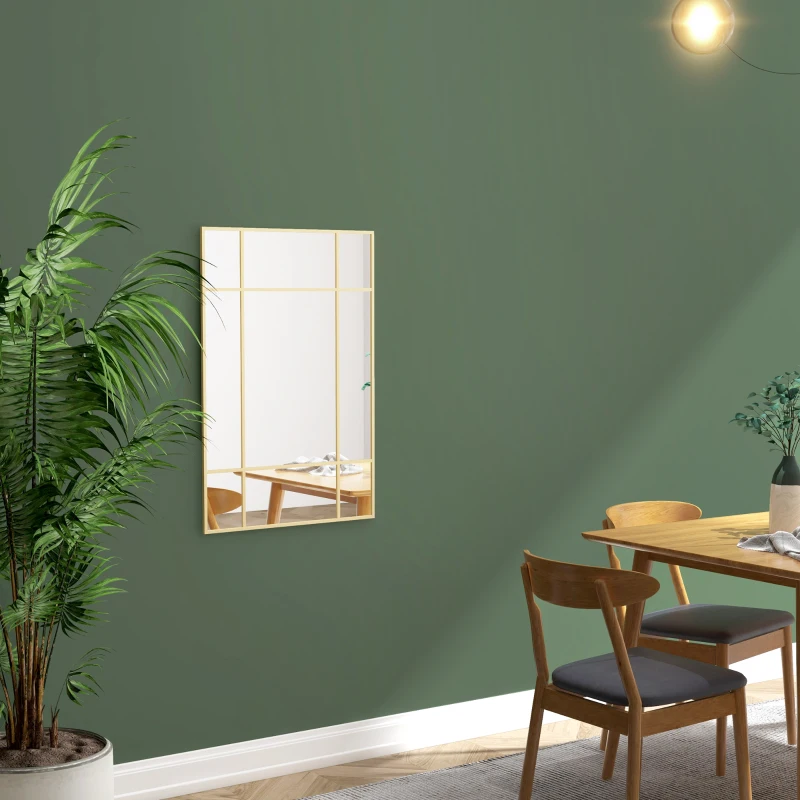 HOMCOM Miroir mural verrière rectangulaire style fenêtre, horizontal ou vertical avec 4 crochets, en métal doré - 90x60 cm