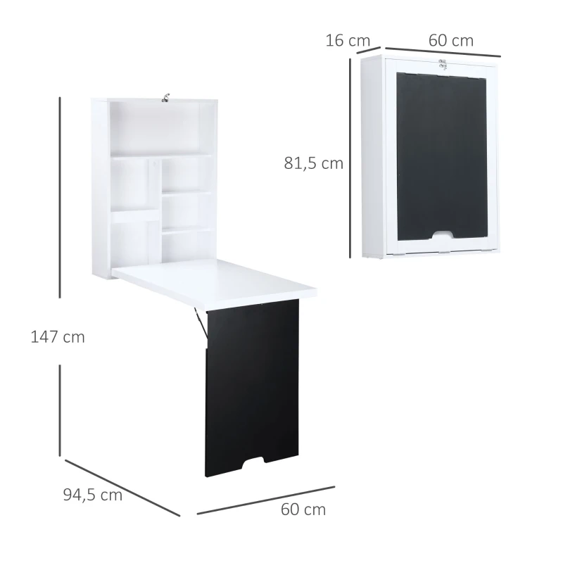 HOMCOM Secretária de Parede Tampo de Mesa Dobrável 5 Compartimentos 60x94,5x147 cm Preto e Branco