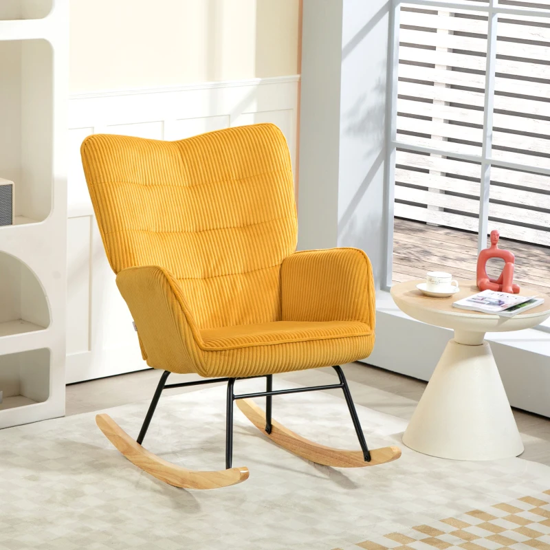 HOMCOM Poltrona de balanço vintage, patins curvos, estofamento espesso, madeira de faia & aço, amarelo