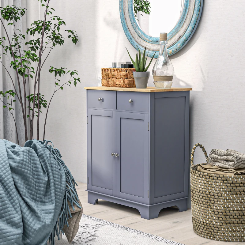 HOMCOM Side Storage Multi-use Sideboard Table Kitchen Floor Cabinet with Solid Wood Top, Adjustable Shelf, Drawer, Grey
