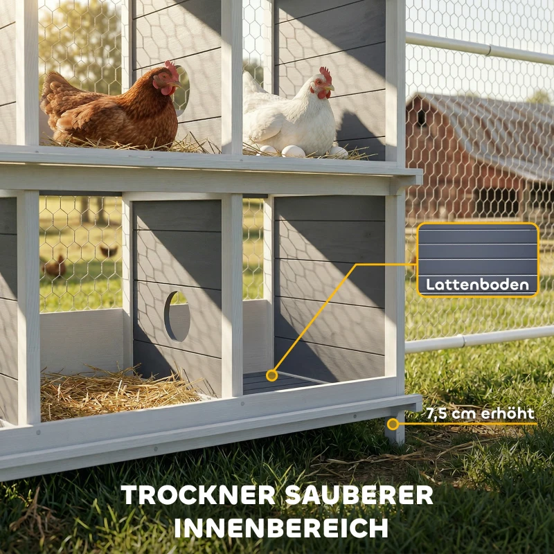 PawHut Legenest für Hühner, erhöhtes Hühnernest aus Holz mit 6 Fächer, 2 Sitzstangen für Kleintierstall 102 x 50 x 91 cm, Grau