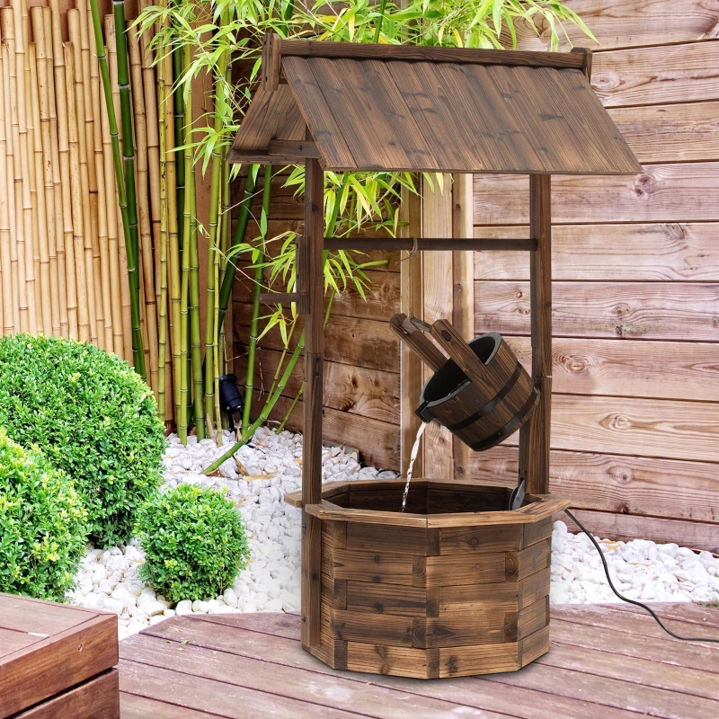 Outsunny Fonte de madeira para exterior Fonte de jardim com água a borbulhar Bacia decorativa Ornamentos Bomba Jogo de água Fonte para terraço para jardim relvado 68 x 57 x 118 cm Castanho